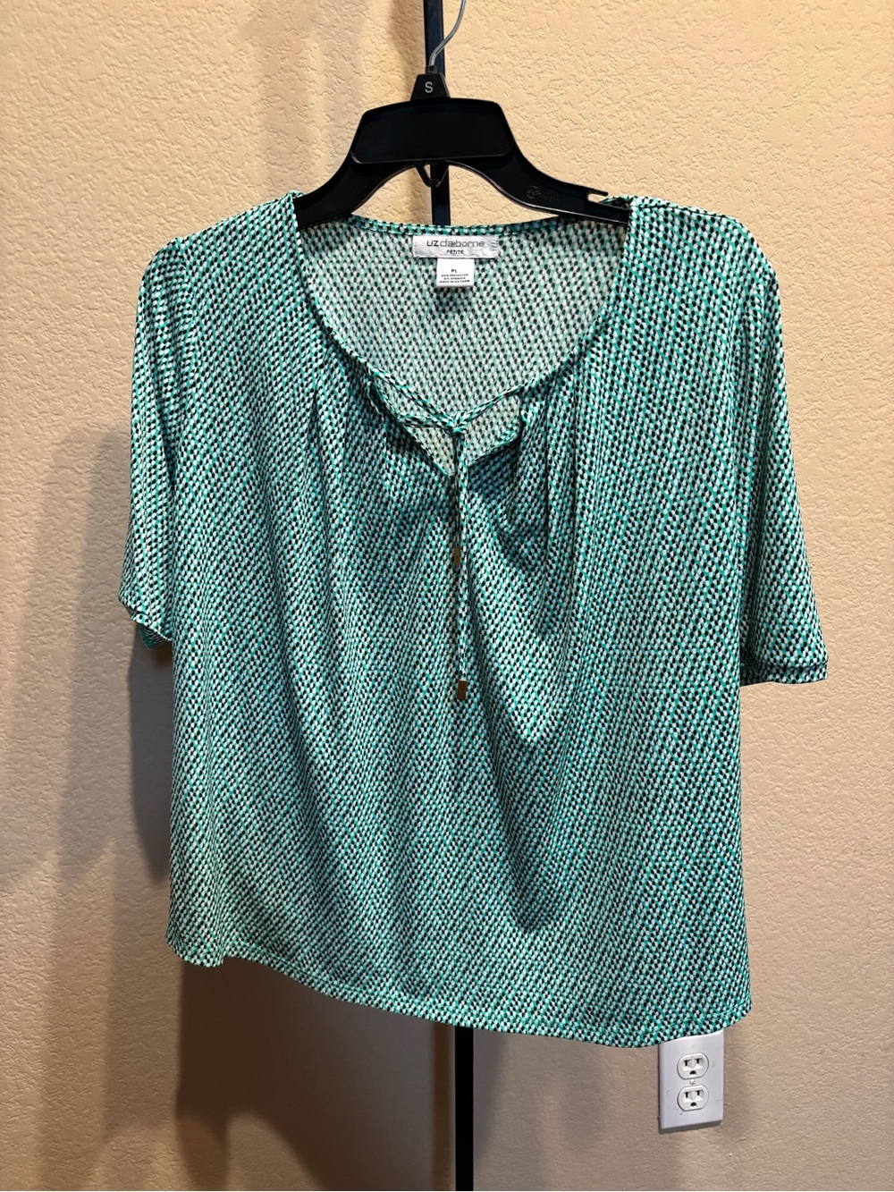 Liz Claiborne Teal & Black Microprint Tie-Front Blouse